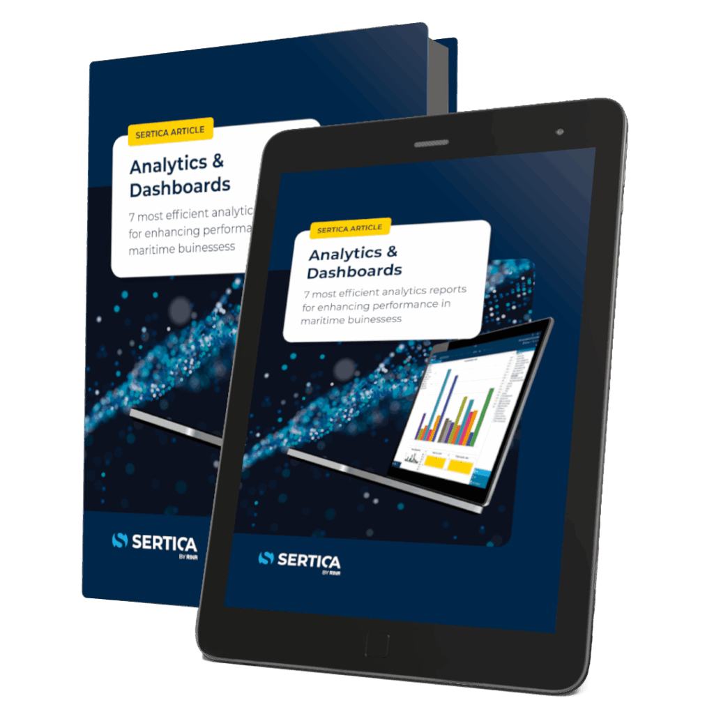 A mockup featuring a book and a tablet, both displaying the cover of 'SERTICA: Analytics Dashboard - 7 most efficient analytics reports for enhancing performance in maritime business.'