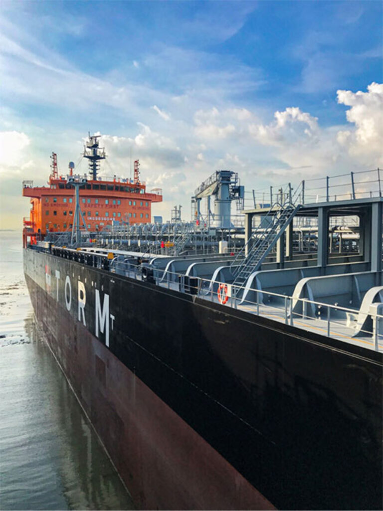 A closeup along the side of TORM maritime vessel
