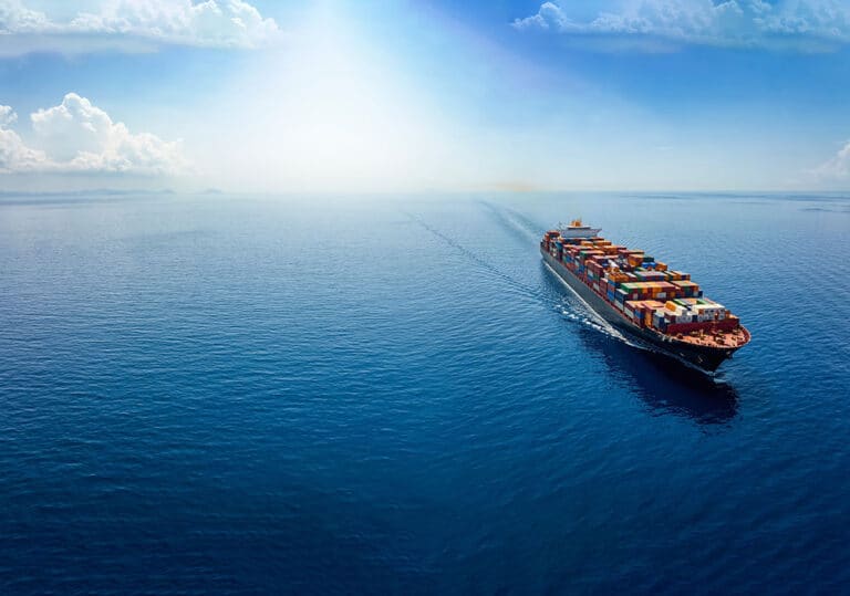 A wide shot of calm seas stretching to the horizon