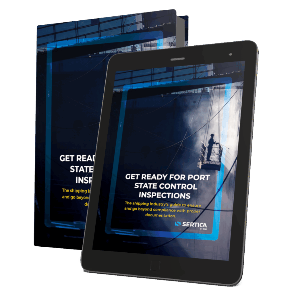 A mockup featuring a book and a tablet, both displaying the cover of 'Eletronic Logbook Guide: Get ready for port state control inspections.'