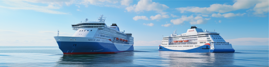 Two passenger ferries at open sea