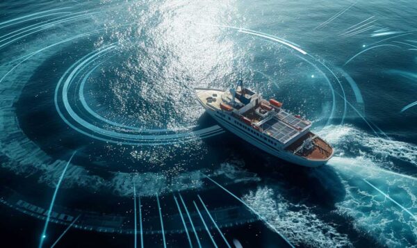 An overview of a small maritime vessel sailing across the sea into digital circles and blue digital rings in the water