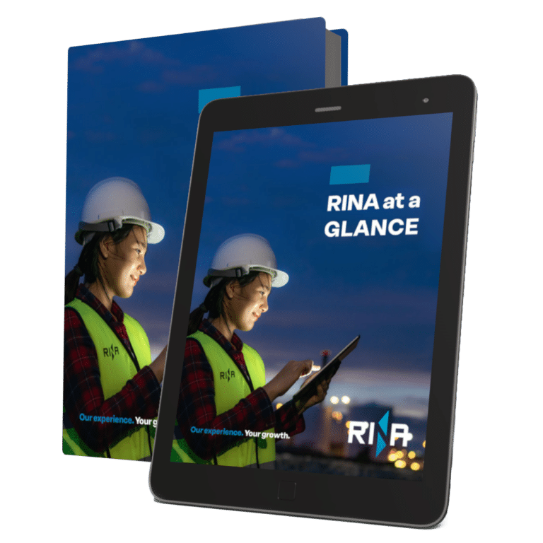 A mockup of a book and a tablet with RINA brochure RINA at a glance 2024 on the cover