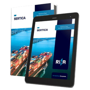 A mockup of a book and a tablet with RINA brochure about SERTICA Maritime Fleet Management System