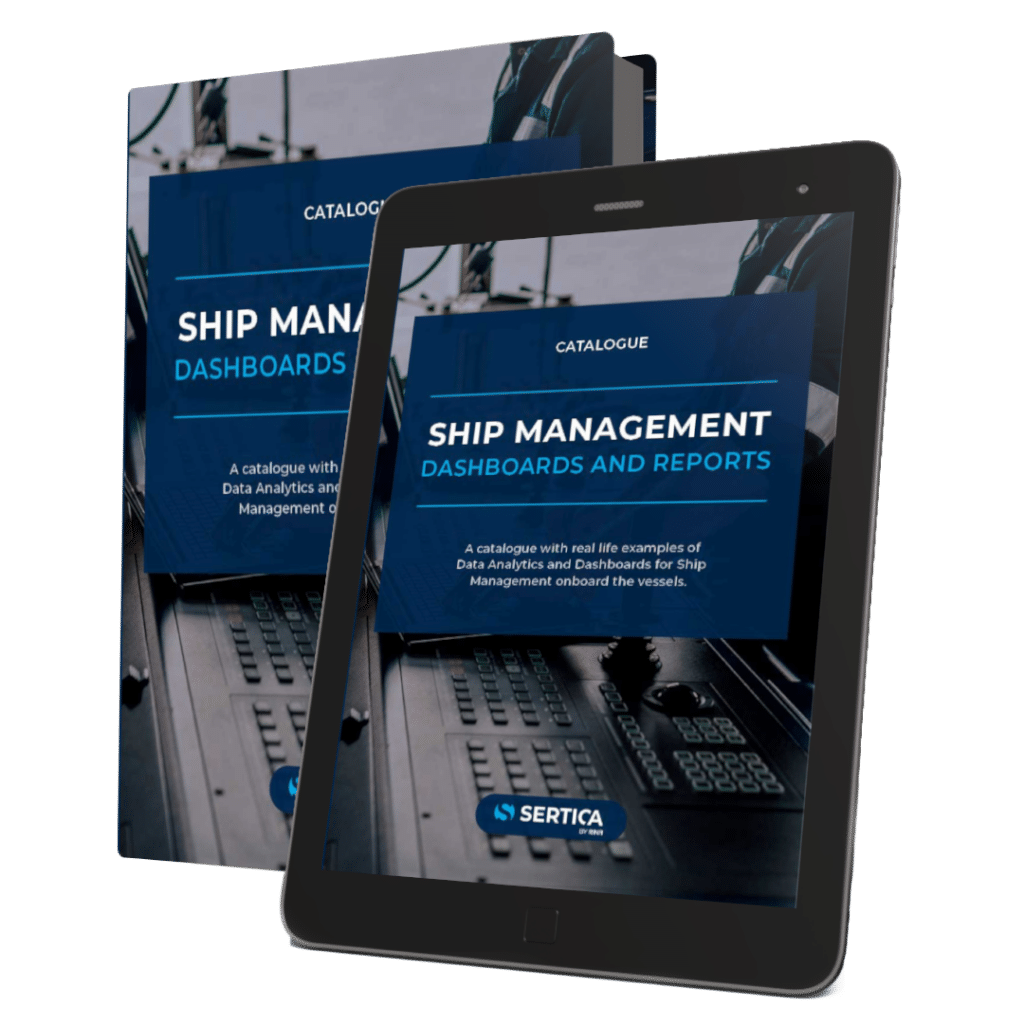 A mockup of a book and a tablet with SERTICA catalogue on Ship Management Dashboards and Reports on the cover