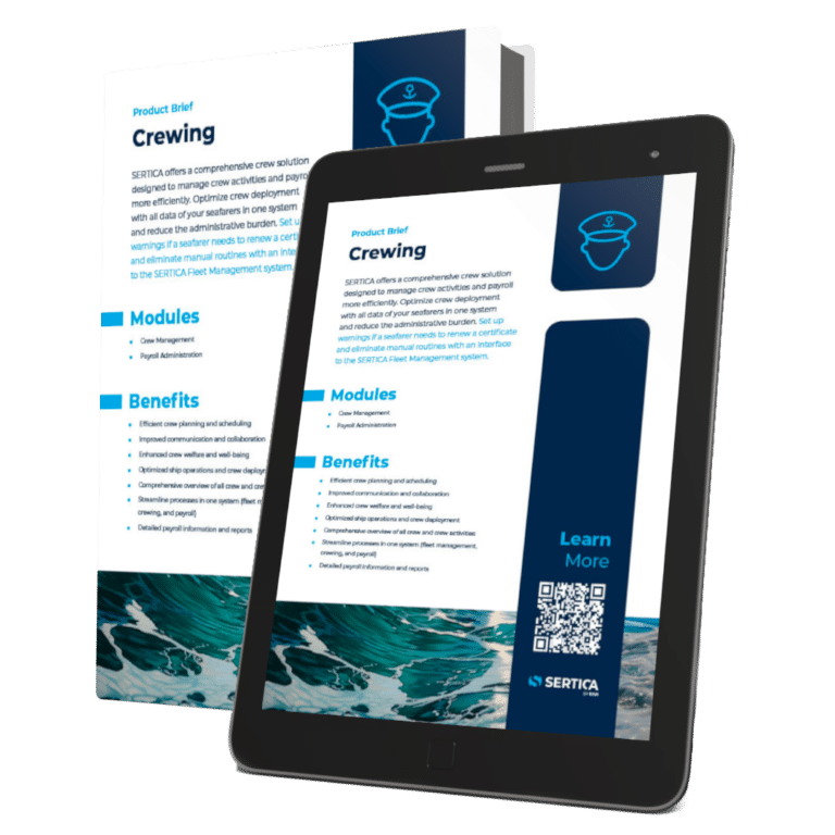 A mockup of a book and a tablet with SERTICA product brief Crewing