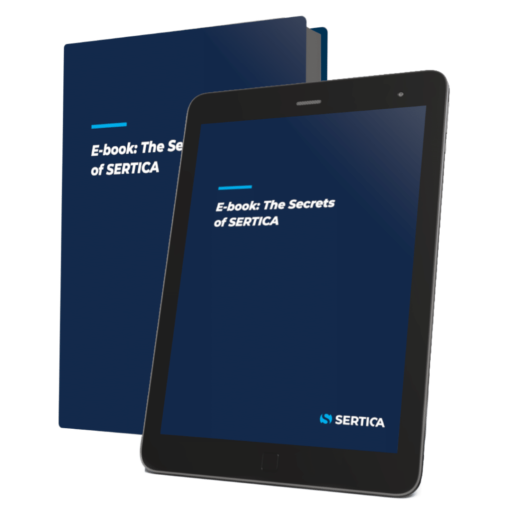 A mockup of a book and a tablet with SERTICA E-book on The Secrets of SERTICA on the cover