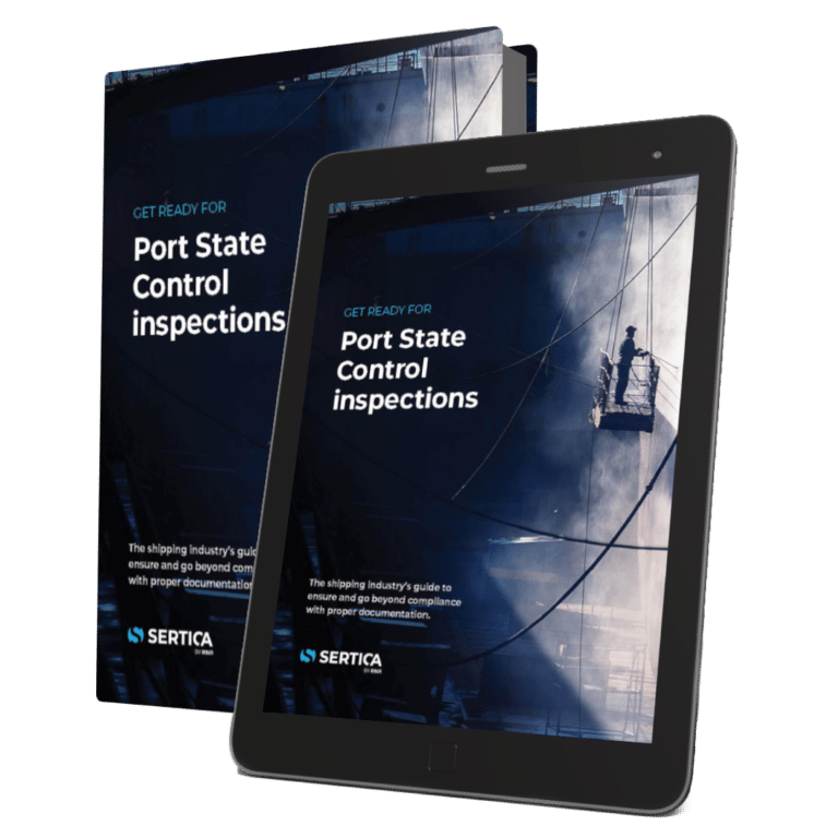 A mockup of a book and a tablet with SERTICA paper on Port State Control Inspections on the cover
