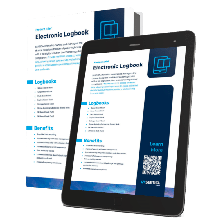 A mockup of a book and a tablet with SERTICA product brief Electronic Logbook