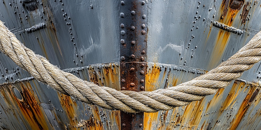 A close-up of the bow of a maritime vessel with a rope draped in font of it