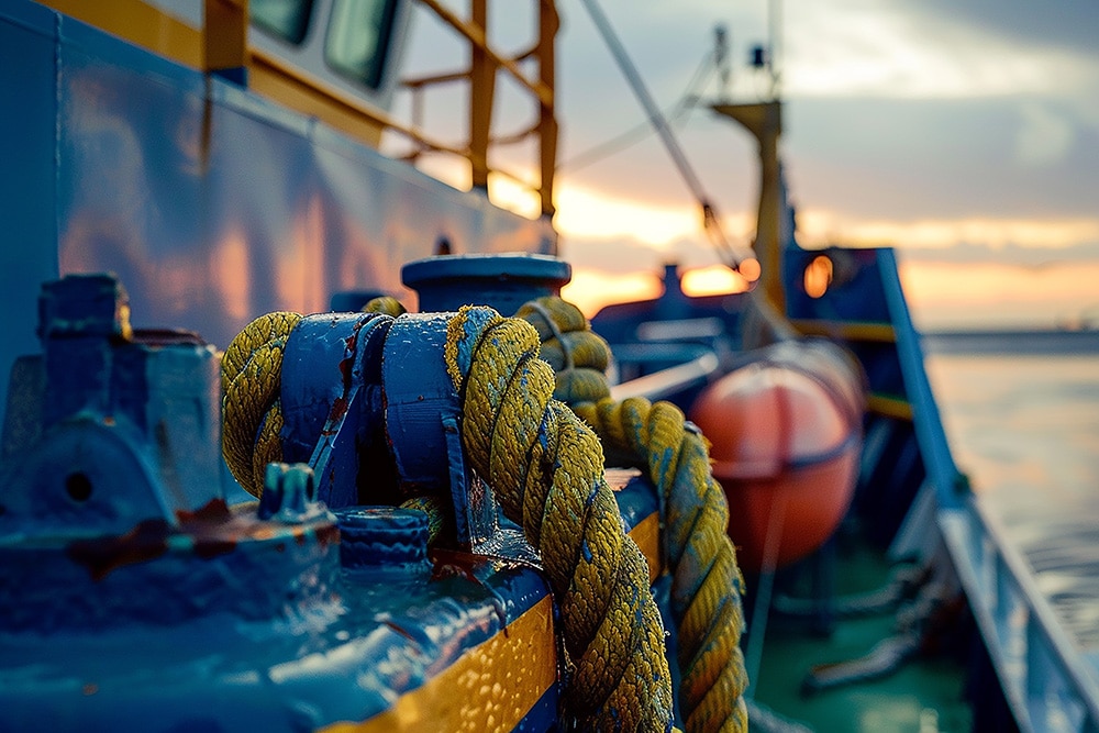 A close-up of a rope securely tied to the side of a maritime vessel,