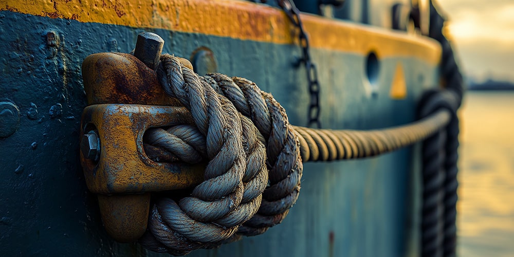A close-up on a rope tried to the side of a maritime vessel