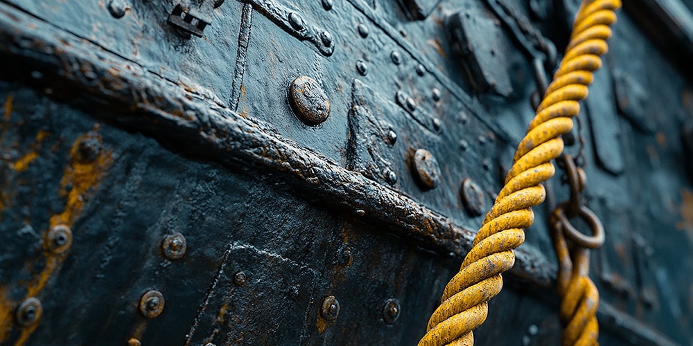 A close-up of a rope trailing down the side of a maritime vessel,