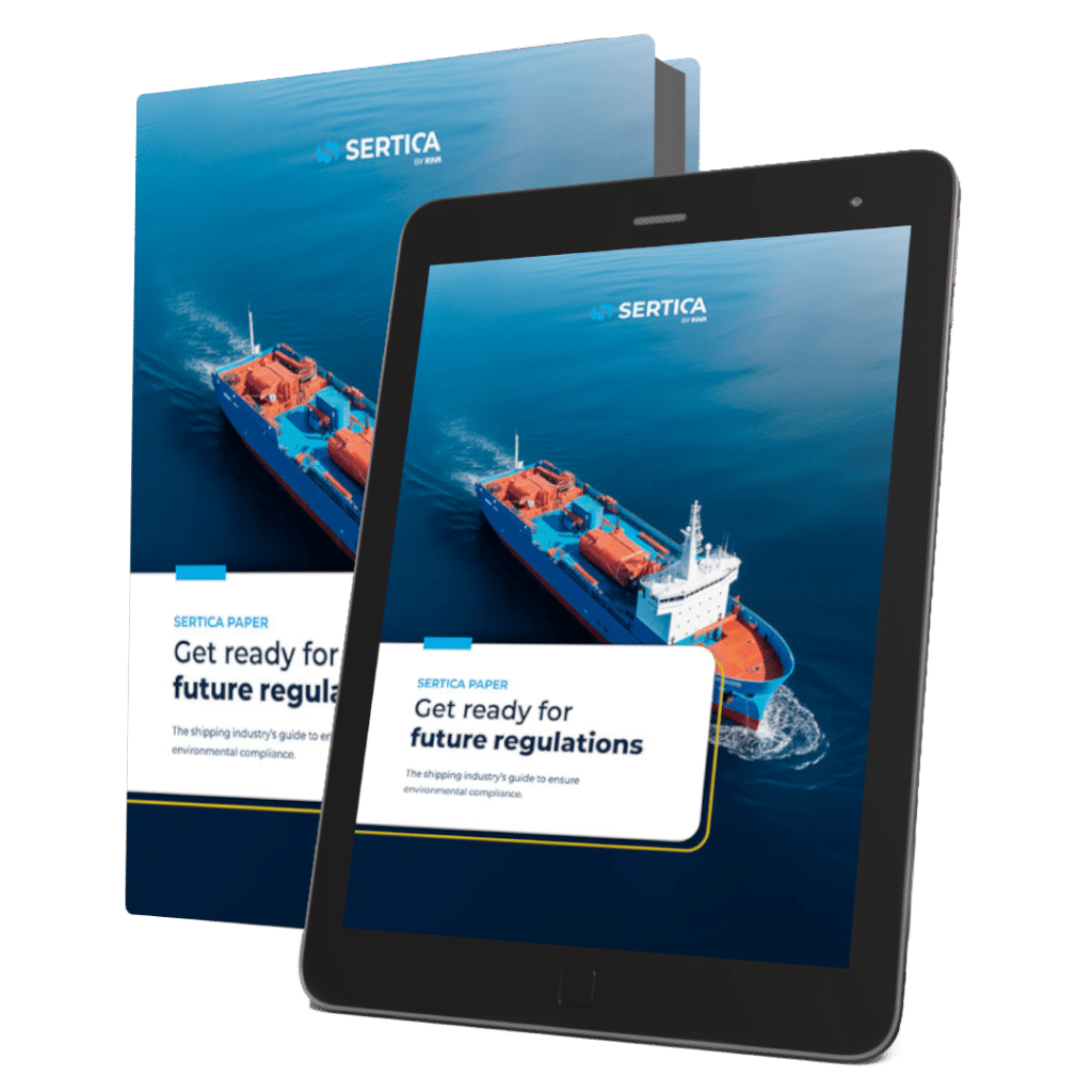 A mockup of a book and a tablet with SERTICA paper Get Ready for the Future Regulations on the cover