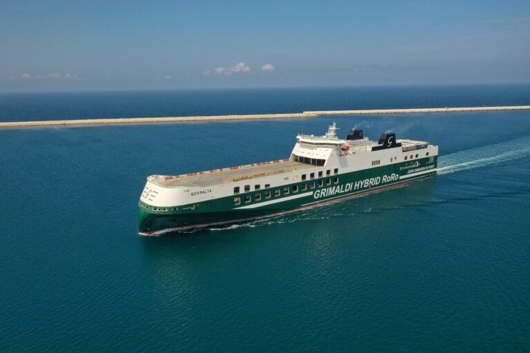 A wideshot of Grimaldi Hybrid RoRo sailing across a calm sea