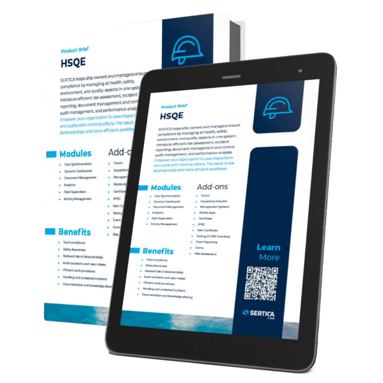A mockup of a book and a tablet with SERTICA product brief HSQE