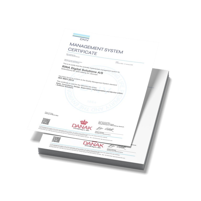 A mockup of a book and a tablet with DNV Management system Certificate