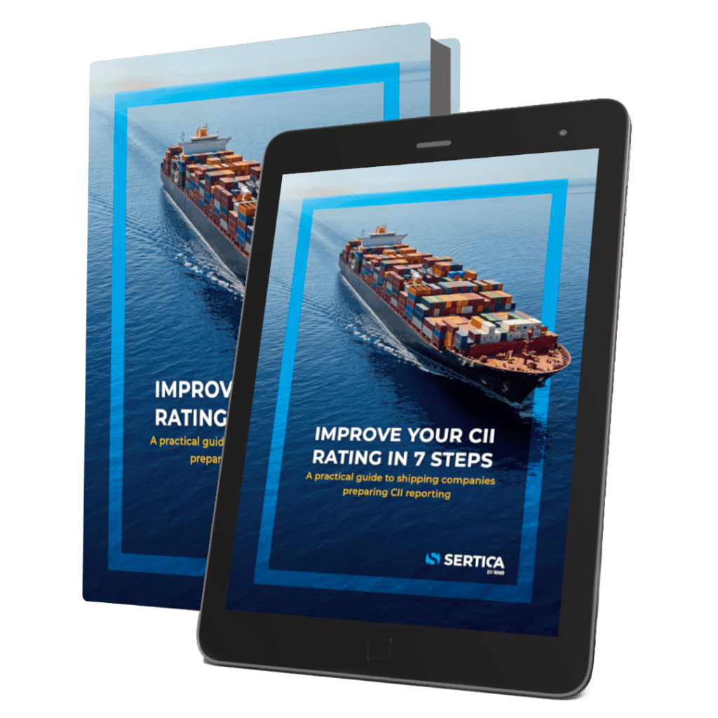 A mockup of a book and a tablet with SERTICA paper Improve Your CII rating in 7 steps on the cover