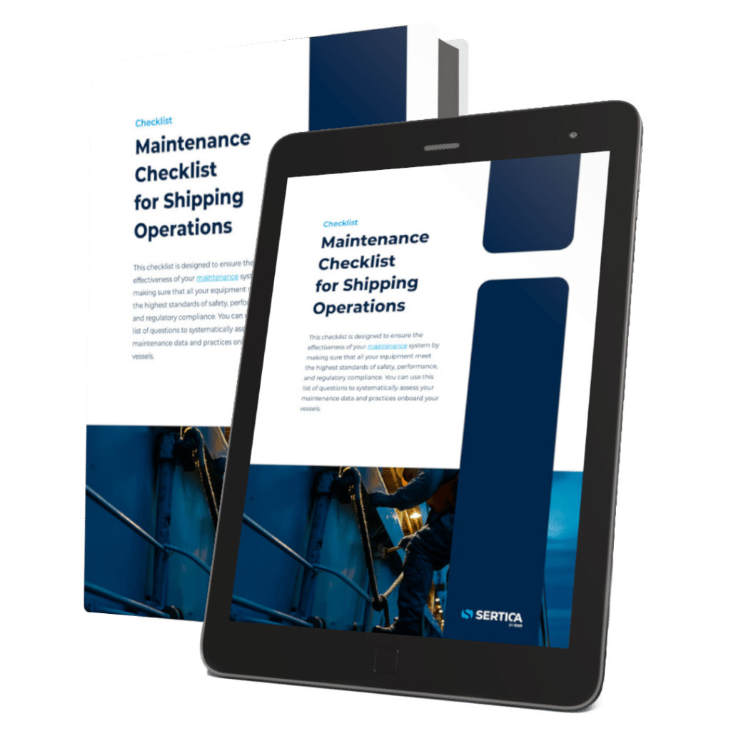 A mockup of a book and a tablet with SERTICA paper Maintenance Checklist for Shipping Operations on the cover