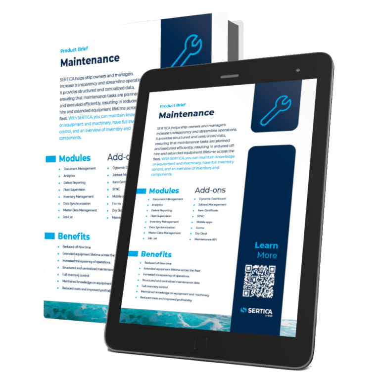 A mockup of a book and a tablet with SERTICA product brief Maintenance