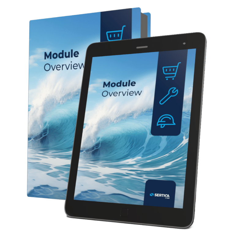A mockup of a book and a tablet with the cover for SERTICA Module Overview