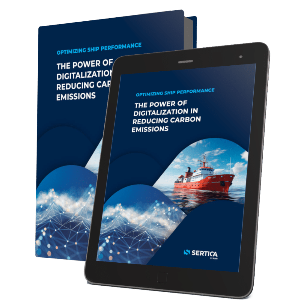 A mockup of a book and a tablet with SERTICA paper Optimizing Ship Performance on the cover
