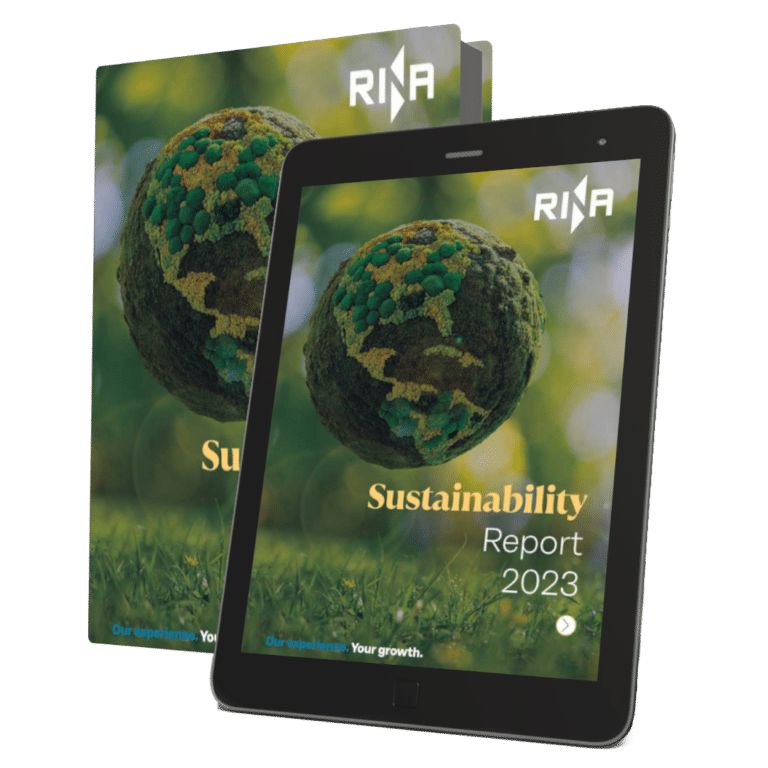A mockup of a book and a tablet with RINA Sustainability report