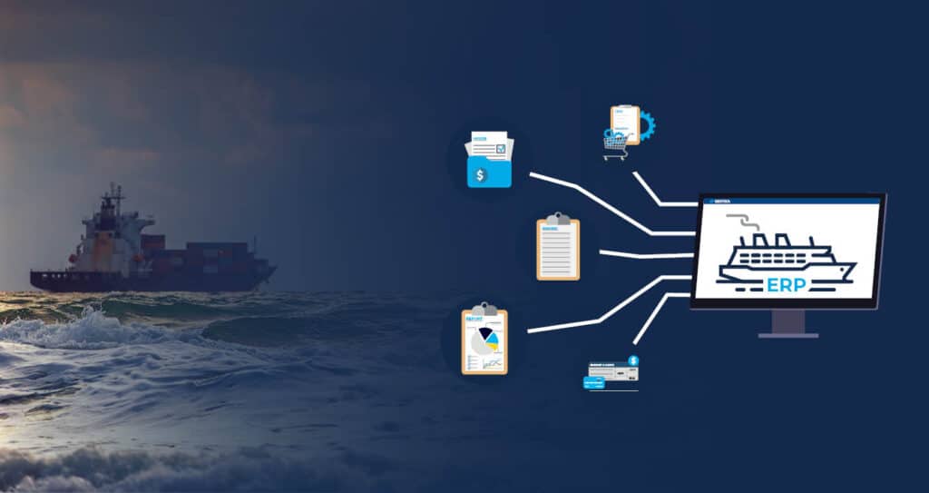 A maritime vessel sailing at sea with a graphic overlay showing what Automate procurement with ERP software for shipping contains