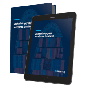 A mockup of a book and a tablet with SERTICA paper Digitalizing your maritime business