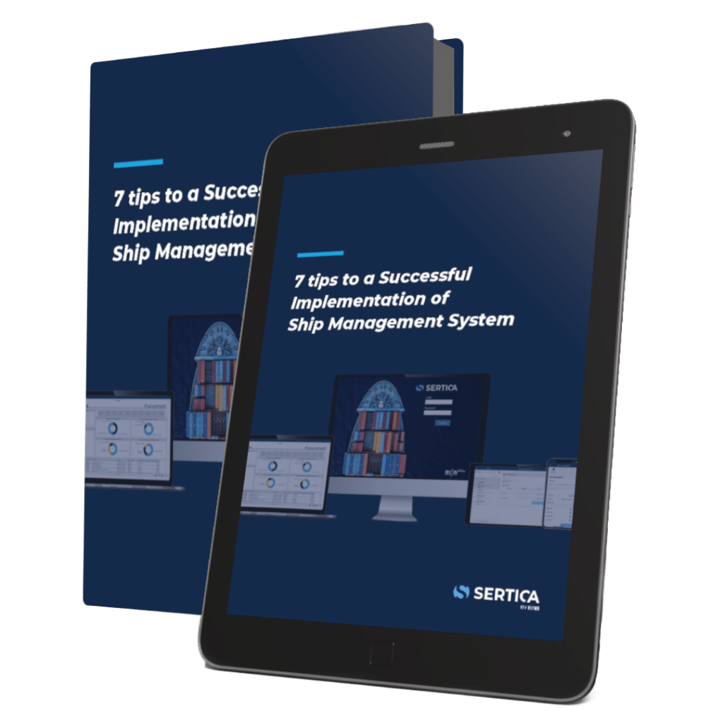A mockup featuring a book and a tablet, both displaying the cover of 'SERTICA Paper: 7 tips to a successful implementation.'