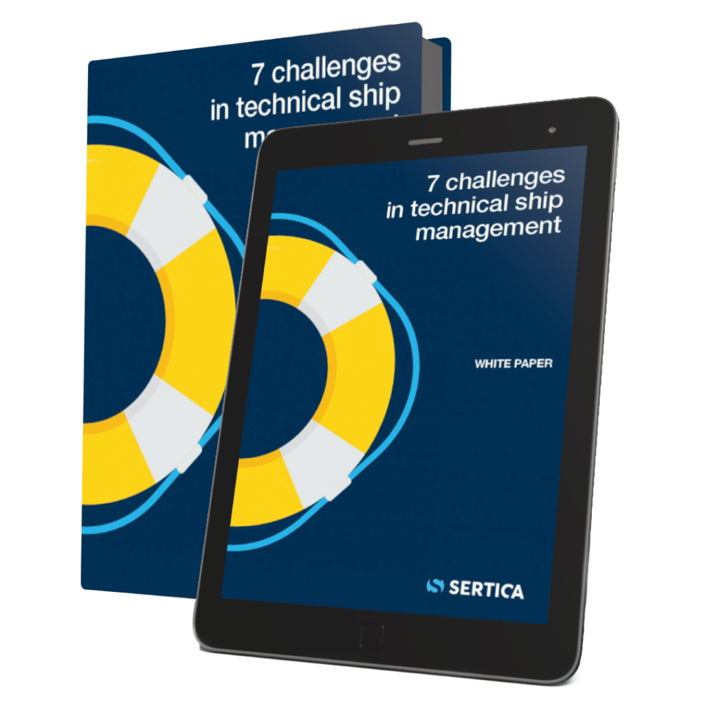 A mockup of a book and a tablet with SERTICA paper 7 challenges in technical ship management on the cover