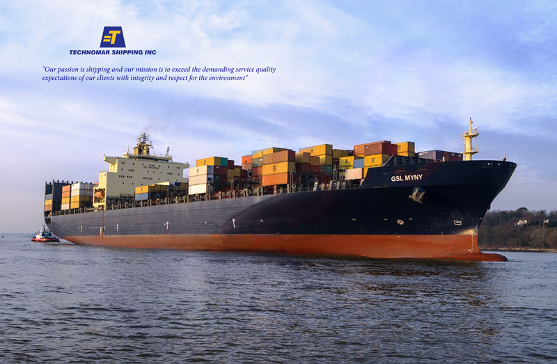 Technomar Cargo vessel getting support from tugboats watching from a side view