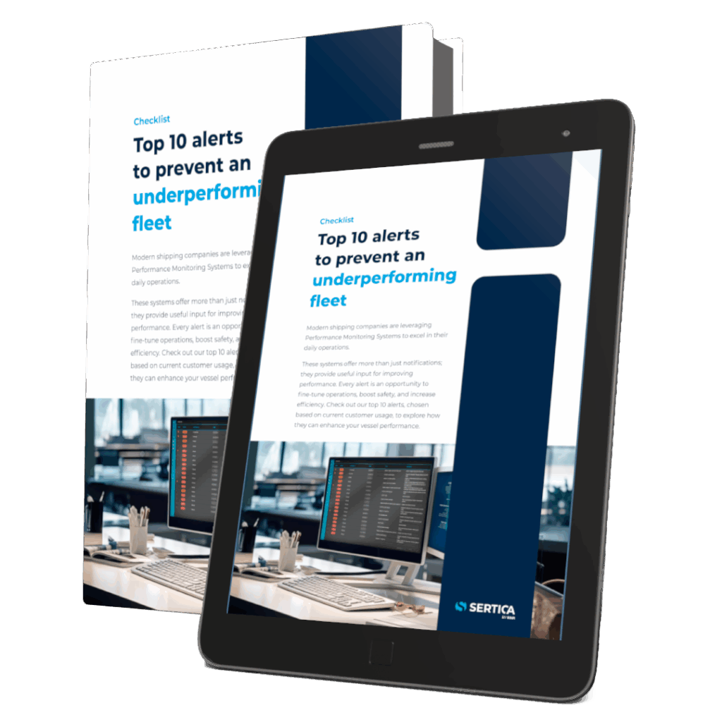 A mockup of a book and a tablet with SERTICA paper Top 10 Alerts to elevate daily ship operations on the cover