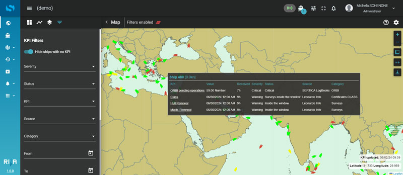 A screetshot of SERTICA Vessel Position map