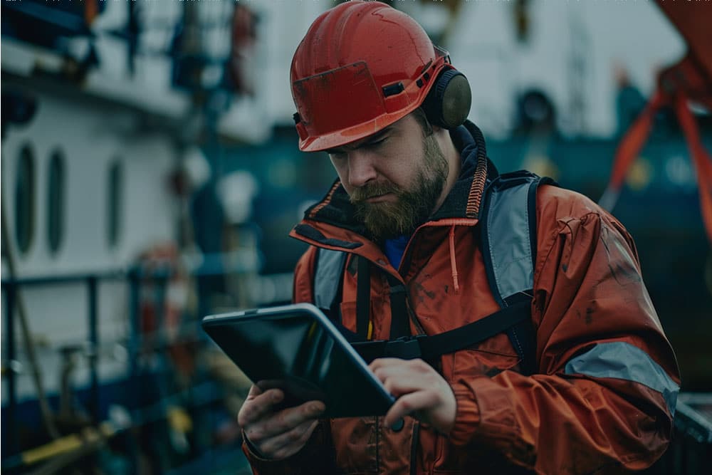 A maintenance worker doing preventive maintenance with a tablet