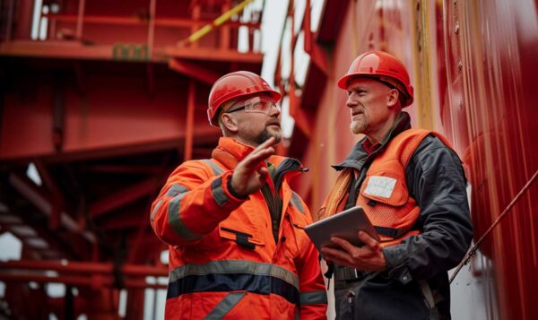 Two men in safety gear on a red tanker vessel