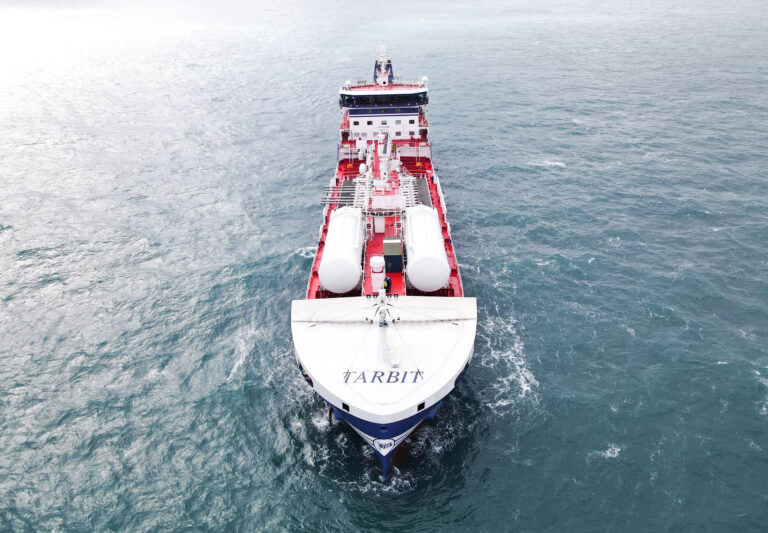 A bird perspective of TARBIT maritime vessel at sea - the view is from the front
