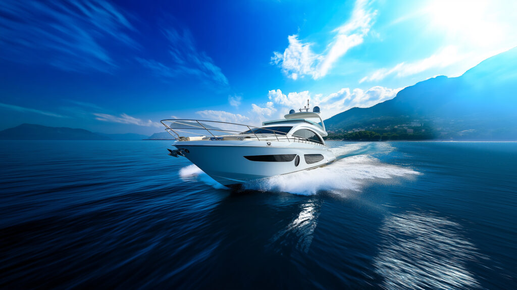 A luxurious superyacht cutting through calm, blue seas with the sky and a mountain in the background