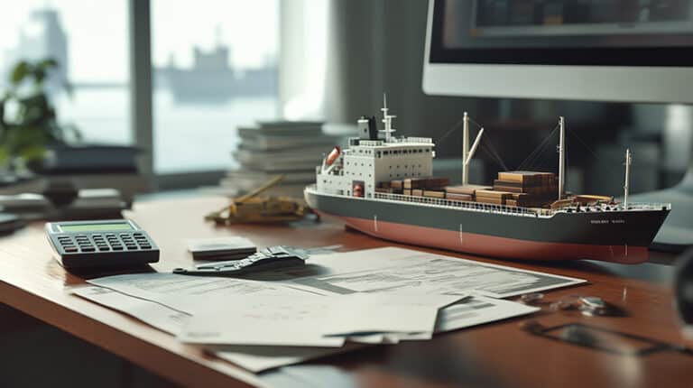 A model of a cargo vessel standing a top a desktop with papers, a calcucator, and a watch lying infront