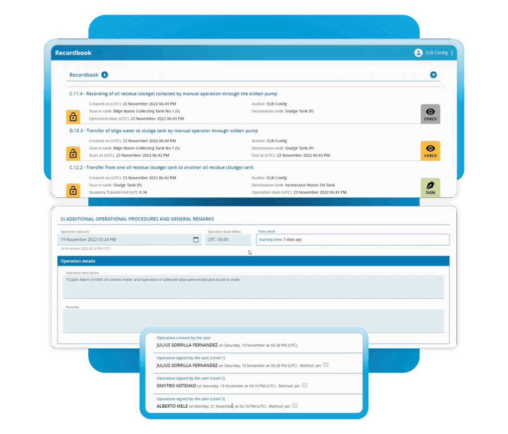 System screenshots of the features that ensure user accountability and record transparency in the maritime electronic logbook system