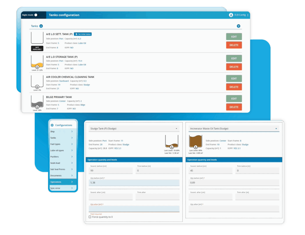 System screenshots of the features for configuration in the maritime electronic logbook system