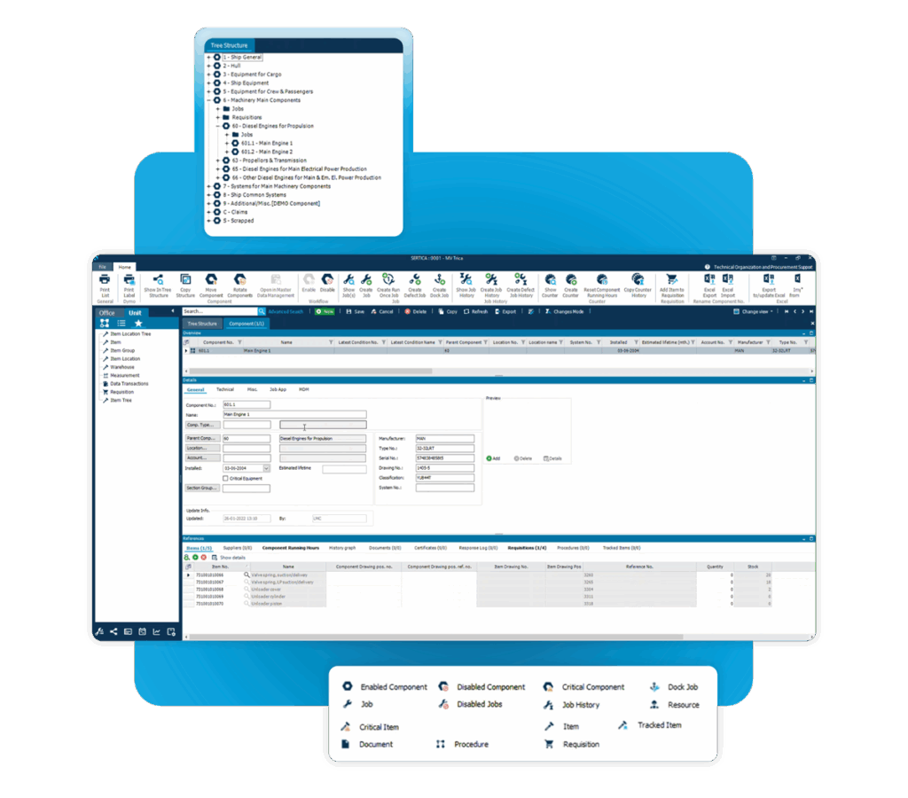 Árbol de componentes y ficha de componentes en SERTICA Mantenimiento con datos técnicos, historial y elementos vinculados