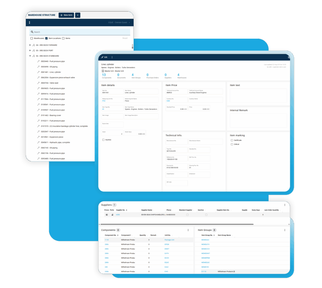 Maestro de artículos y estructura de almacén en SERTICA con precios, proveedores y datos de existencias.