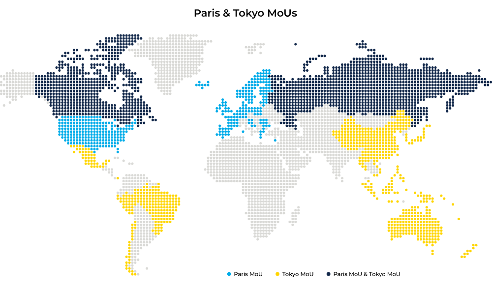 World map highlighting Paris MoU (blue), Tokyo MoU (yellow) and overlap regions for PSC inspections