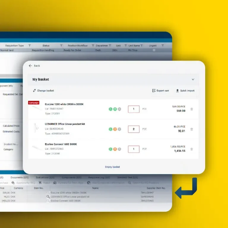 Cesta SERTICA PunchOut con artículos y cantidades, lista para transferir a una requisición.